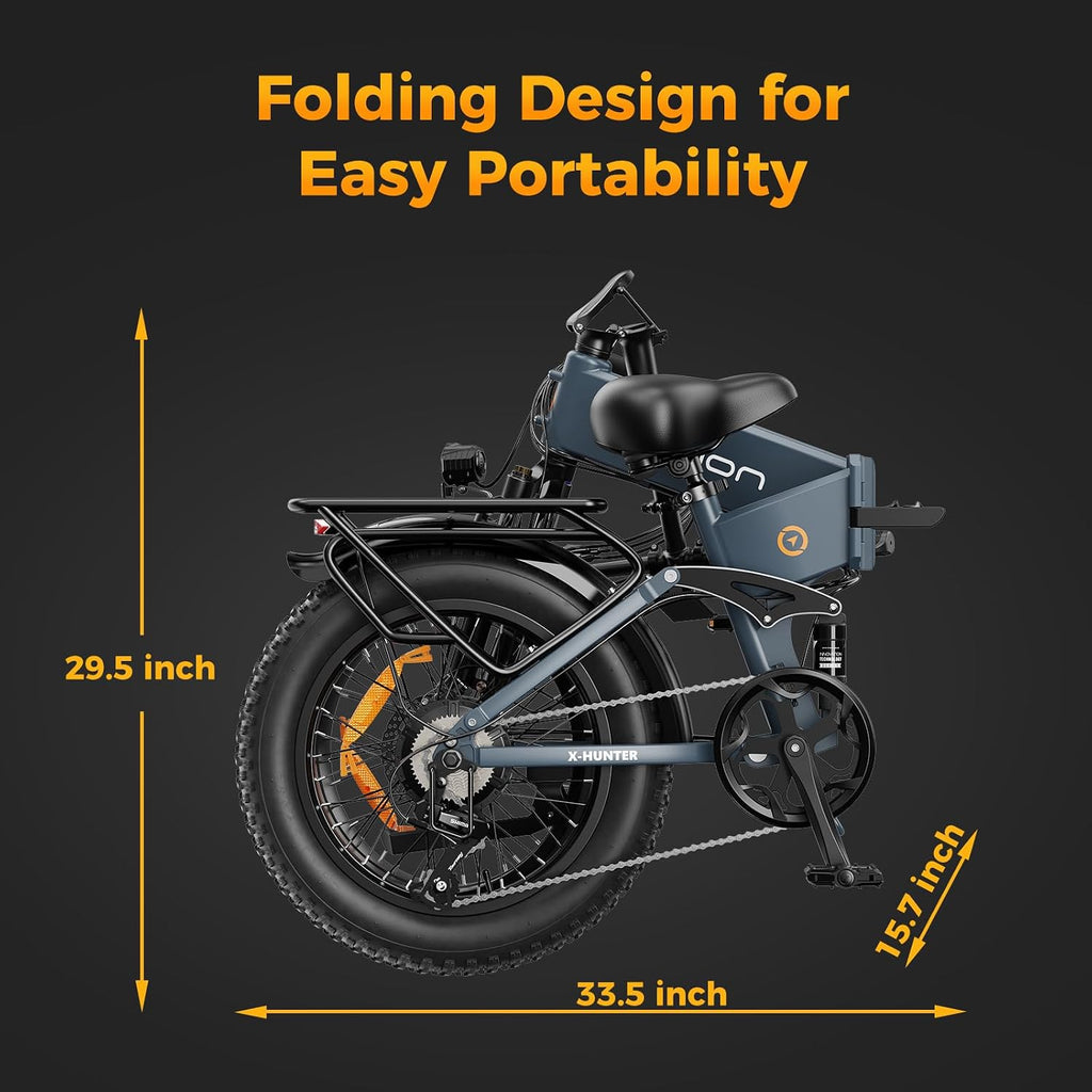 Jasion X-Hunter Electric Bike for Adults,1400W Peak Motor 30MPH Max Speed,48V 13AH Removable Battery Full Suspension 20 * 4.0 Fat Tire Foldable Ebike, 7-Speed Bicycles,with Saddle Bag and Lock