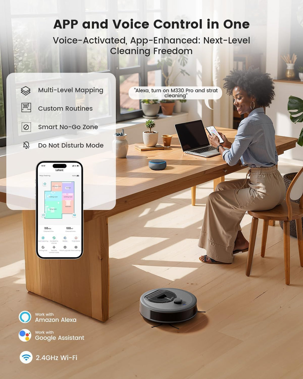 Lefant LiDAR Robot Vacuum and Mop, Smart Mapping and Obstacle Avoidance, Tangle-Free Pet Hair, 2.4G/5G WiFi App Control, Slim Design for Wider Coverage, Carpet Detection, M330 Pro, Grey
