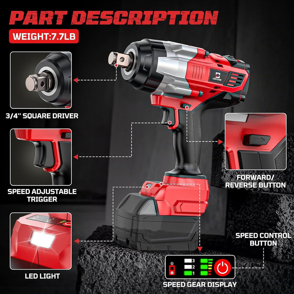 Cordless Impact Wrench 3/4 inch Compatible with Milwaukee Battery, Cerycose1850ft-lbs (2500N.m) Brushless Electric Impact Gun, High Torque Impact Driver, Bare Tool Only，Heavy-Duty Automotive