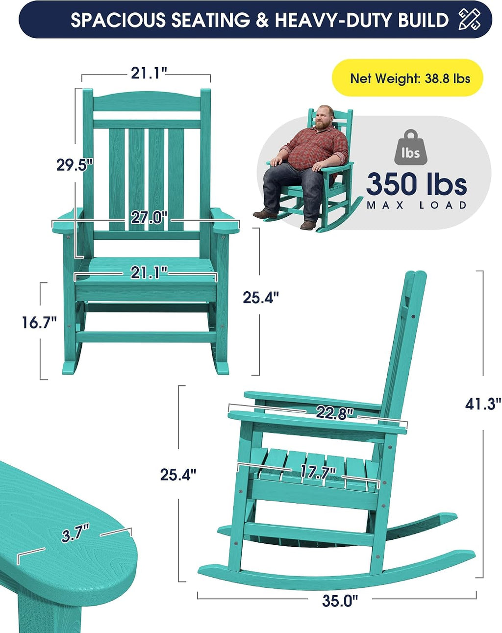 KINGYES Oversized Outdoor Rocking Chair Set of 2, High Density Polyethylene Patio Rocking Chairs with 350lbs Support for Adults, Aruba Blue