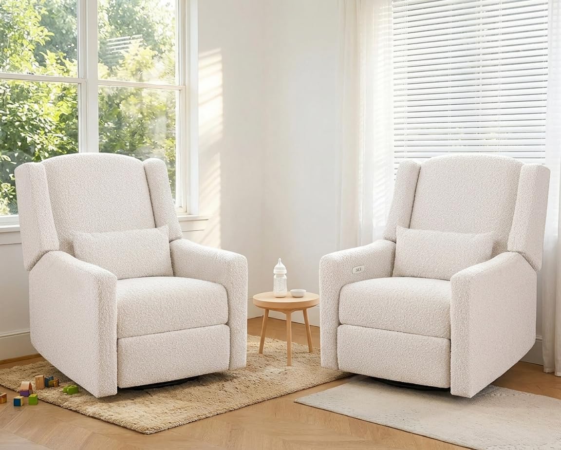 Power Nursery Rocking Chairs Set of 2, Skin-Friendly Teddy Fabric Nursery Recliner Chair Swivel Gilder, Power Nursing Chair for Adults with Waist Pillow, USB Charging,Beige