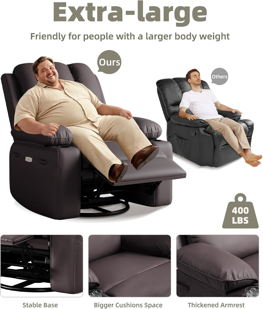 GarveeHome Oversized Power Recliner Chair with Heat and Massage - 360° Swivel Faux Leather Rocking Chair for Adults with Cup Holder for Living Rooms, Bedrooms, and Nurseries - Brown