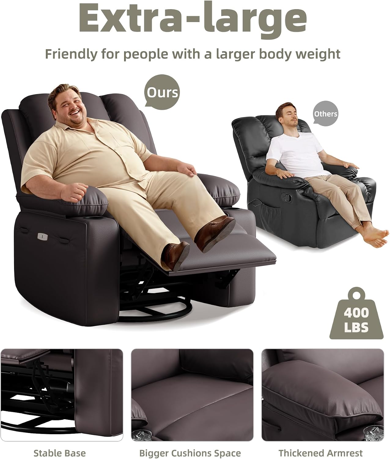 GarveeHome Oversized Power Recliner Chair with Heat and Massage - 360° Swivel Faux Leather Rocking Chair for Adults with Cup Holder for Living Rooms, Bedrooms, and Nurseries - Brown