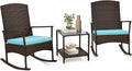 Tangkula 3 Pieces Rocking Wicker Bistro Set, Outdoor Front Porch Rocker Chairs Conversation Set with 2-Tier Tempered Glass Coffee Table and Thick Cushions for Garden, Balcony, Poolside (Turquoise)