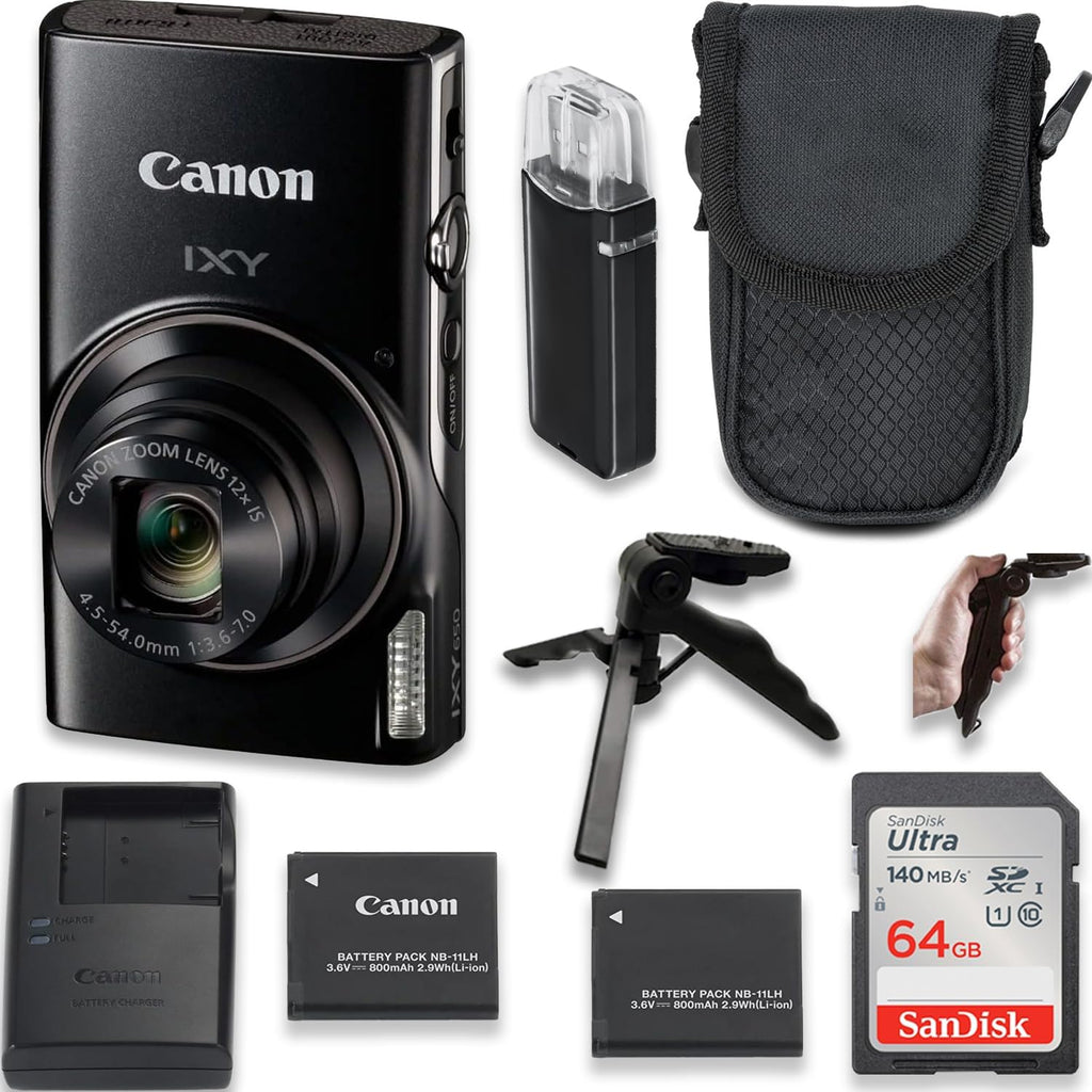 Canon Powershot IXY 650 / ELPH 360 20.2MP Point and Shoot Digital Camera (Black) w/ 6.5'' Tripod, Extra Battery, Case and 64 GB Memory (Renewed)