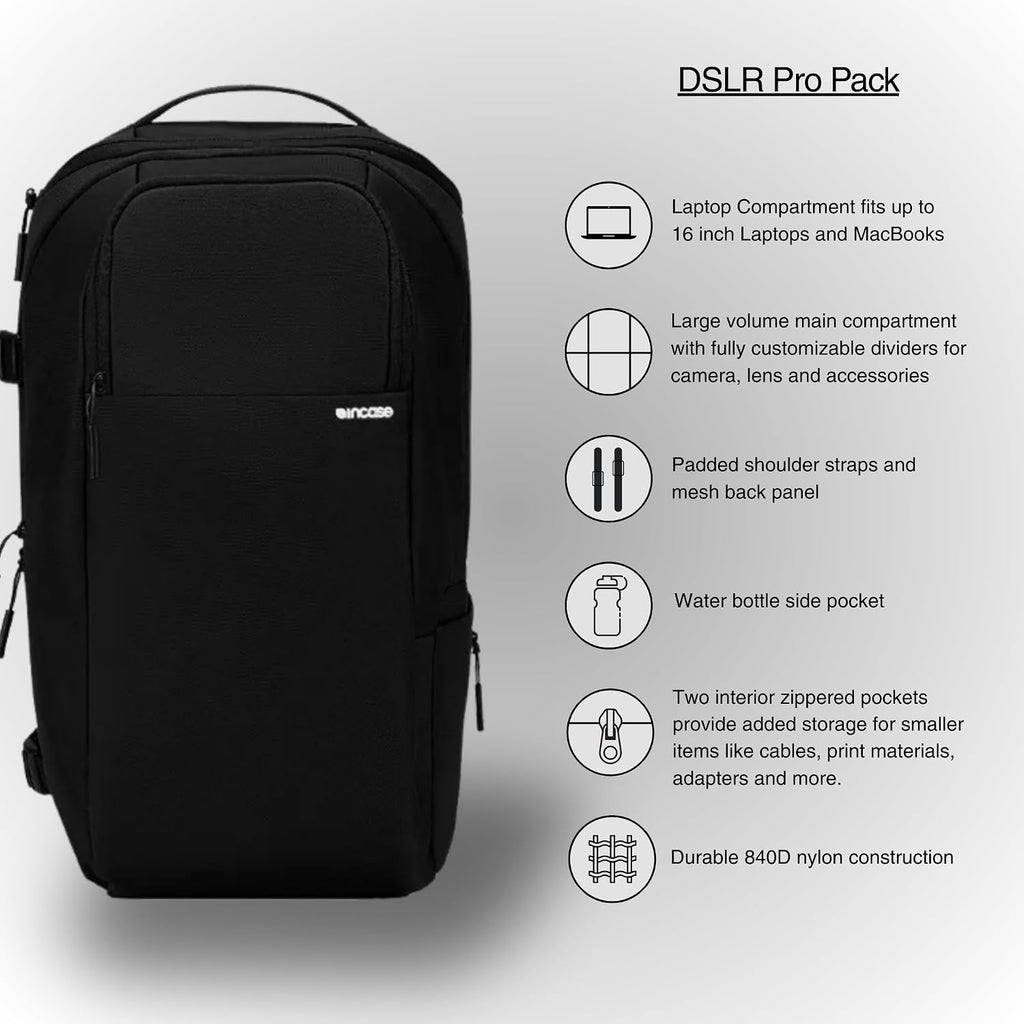 Incase DSLR BackPack with Durable 840D Nylon - 26L Weather Resistant Camera Bag designed for Photographers and Videographers, Customizable Dividers to Secure all Equipment, Quick Access Pocket - Black