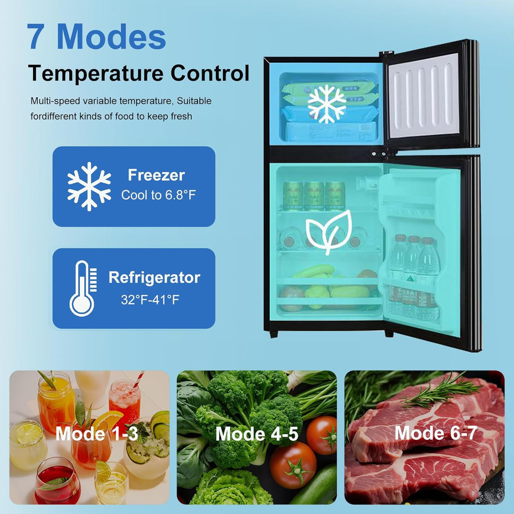 Cucina Magica Mini Fridge with Freezer, 3.2 cuft Small Refrigerator, 7 Adjustable Thermostat, Energy Saving, Low Noise, Double Door Compact Refrigerator for Dorm, Bedroom, Office - BLACK