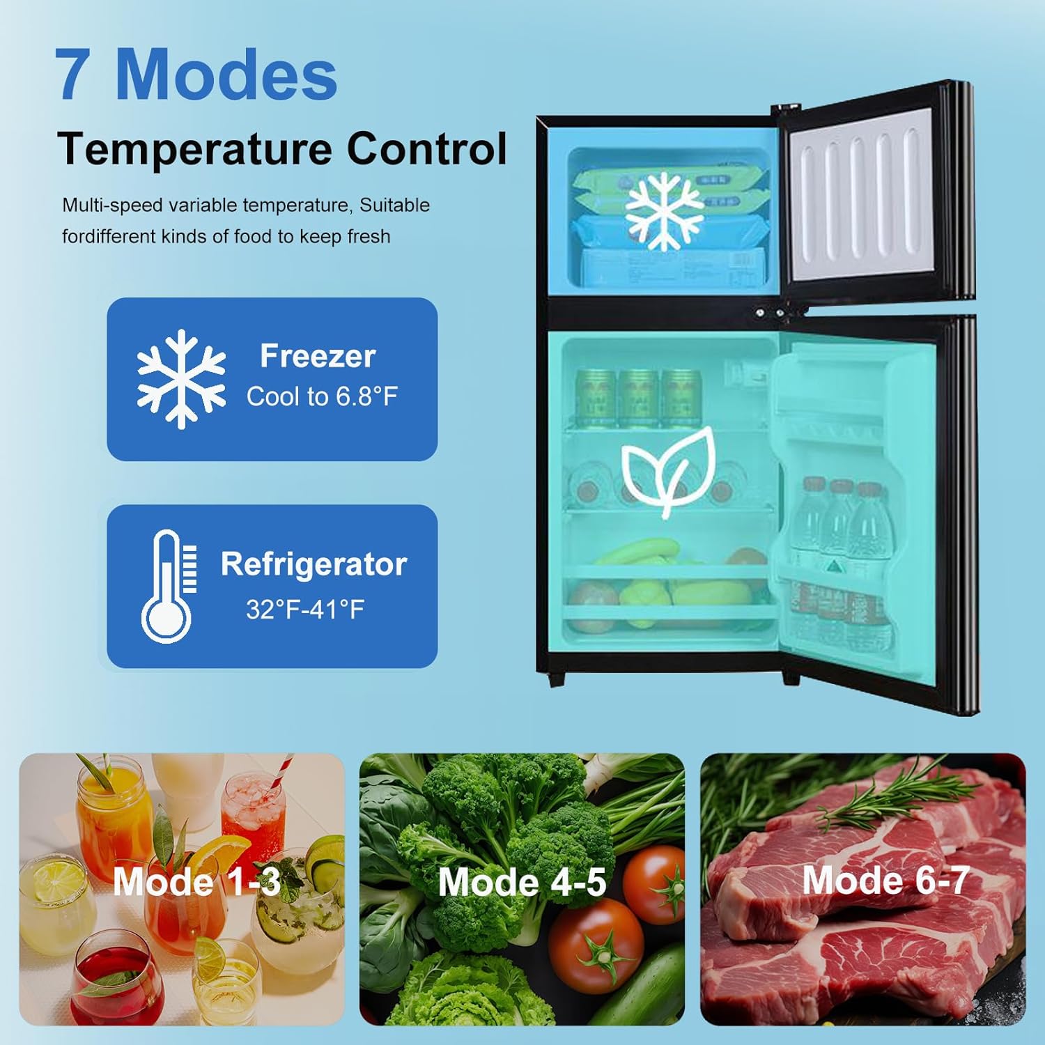 Cucina Magica Mini Fridge with Freezer, 3.2 cuft Small Refrigerator, 7 Adjustable Thermostat, Energy Saving, Low Noise, Double Door Compact Refrigerator for Dorm, Bedroom, Office - BLACK
