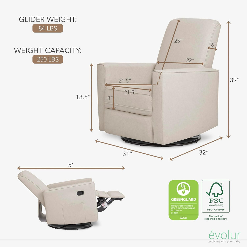 Evolur Raleigh Upholstered Manual Glider Recliner– Rocking & 360° Swivel with Smooth Glide – Greenguard Gold & FSC Certified – Modern Nursery and Living Room Chair in Light Sand