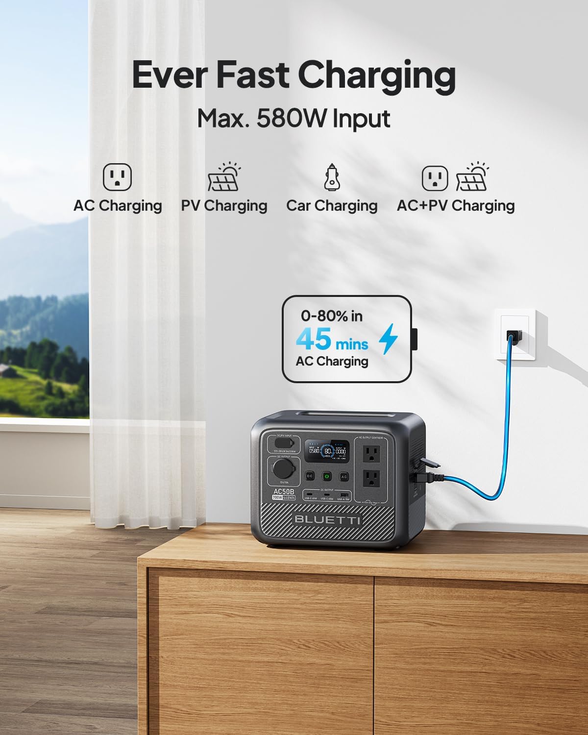 BLUETTI AC50B Solar Generator with 100W Solar Panel Included (Ships Separately), 448Wh/700W Portable Power Station, 65W USB-C PD Output, LiFePO4 Battery Backup for Travel, Camping, Outage