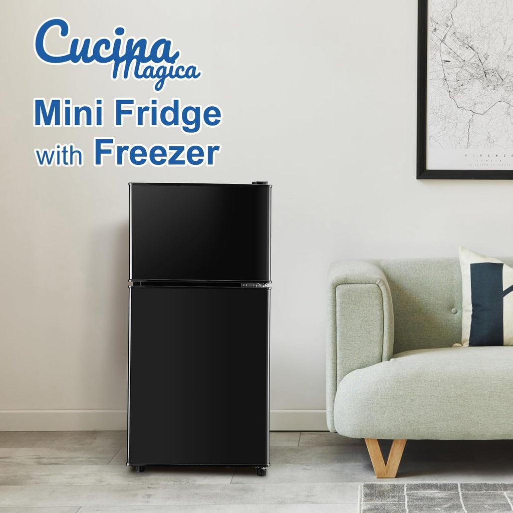 Cucina Magica Mini Fridge with Freezer, 3.2 cuft Small Refrigerator, 7 Adjustable Thermostat, Energy Saving, Low Noise, Double Door Compact Refrigerator for Dorm, Bedroom, Office - BLACK