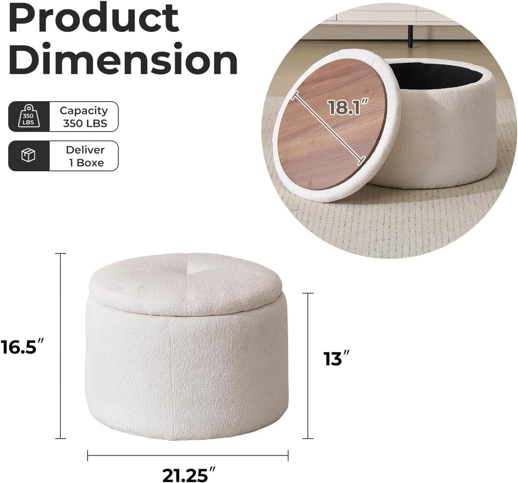 Modern Round Storage Ottoman, Chenille Ottoman Foot Stools, Ottoman Footstool with Removable Lid, Storage Ottoman for Living Room, Multi-Functional Footrest, White