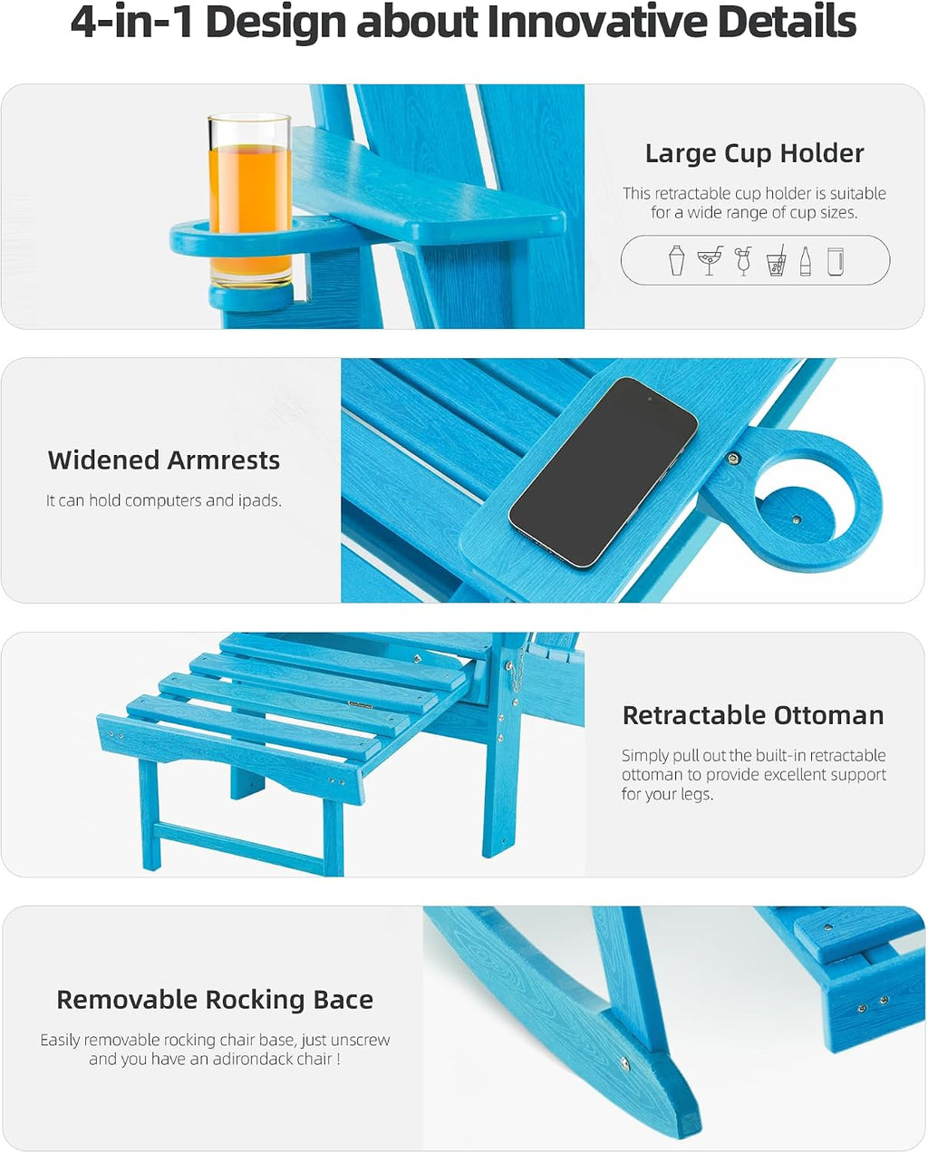 Folding Adirondack Rocking Chair Set of 2,4-in-1 Multifunctional Patio Chairs with Retractable Ottoman, Outdoor Chairs Wood Texture, Lawn Chair for Porch, Backyard, Pool(Pacific Blue)