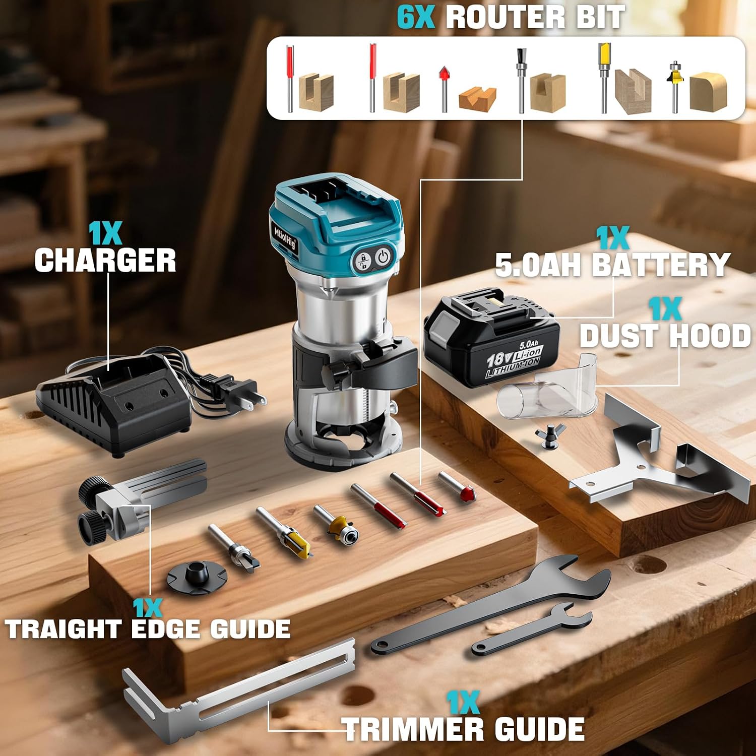 MtiolHig Cordless Compact Router Compatible with Makita 18V Battery, With 1 x 5.0Ah Rechargeable Battery, 6 Pcs Router Bits for Woodworking, 6 Variable Speeds Router With Trim Bits