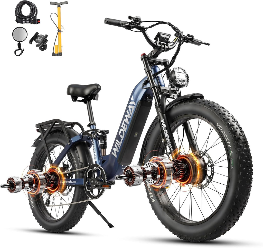 Wildeway 2600W Dual Motor Electric Bike for Adults 48V 30AH Removable Battery 32MPH 26' Terrain Fat Tire 80 Miles Long Rang Mountain Bike Full Suspension with Hydraulic Disc Brake Bicycle