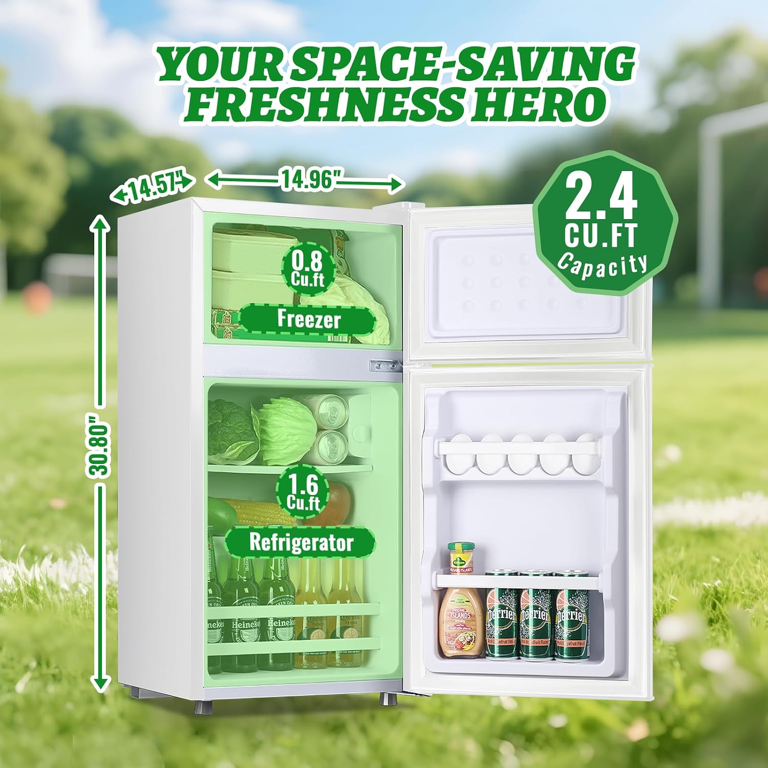DEMULLER 2.4 Cu.ft Mini Fridge with Top Freezer Apartment Size Dual Door Compact Refrigerator for Personal Use Small Fridge with Egg tray, 7 Temperature Control For Dorm, White