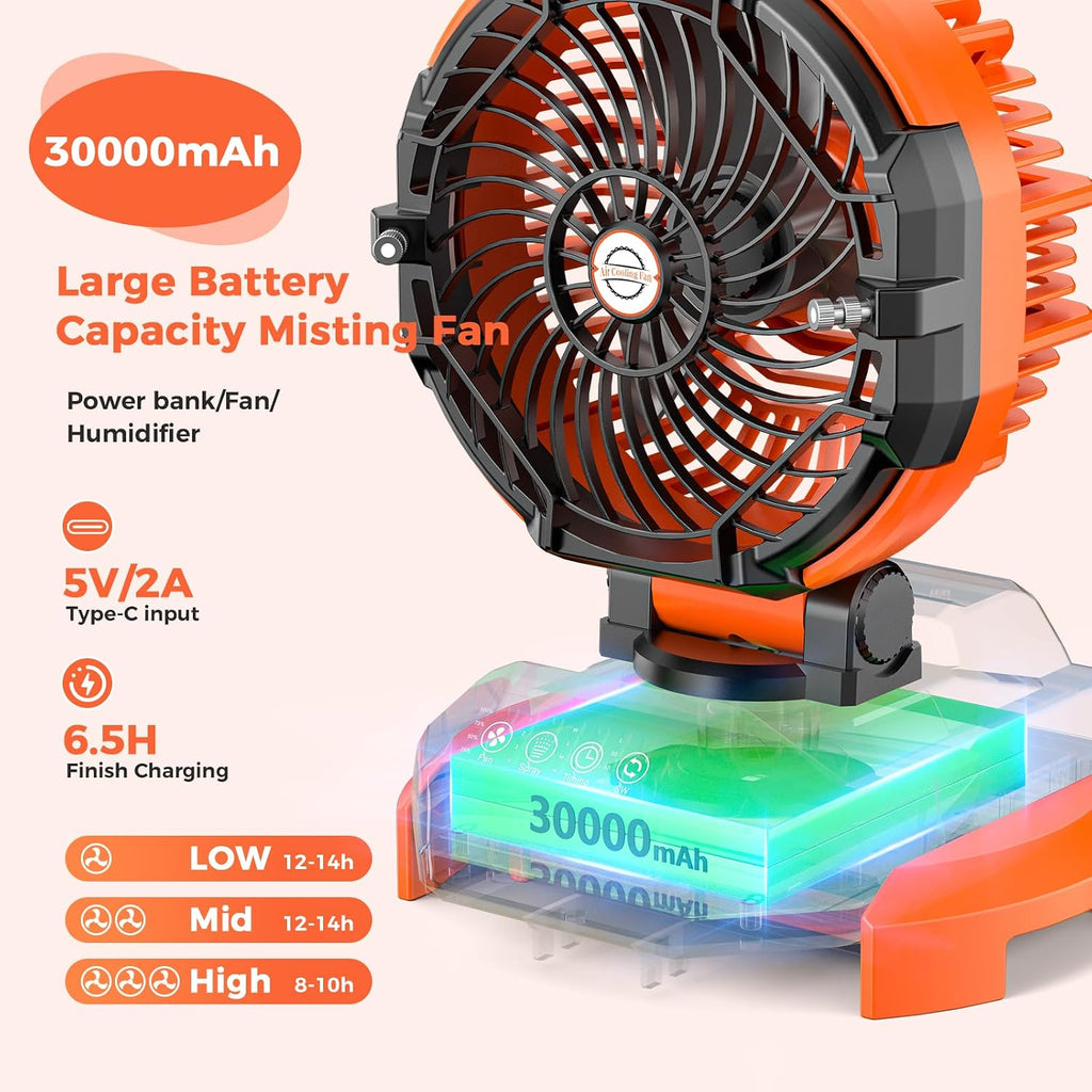 Portable Misting Fan with Bucket, 30000mAh Rechargeable Battery Powered Floor Cooling Fan with 4 Strong Winds, 4 Spray Mister, Adjustable Base for 10-13in Bucket for Camping, Beach, Patio-Orange