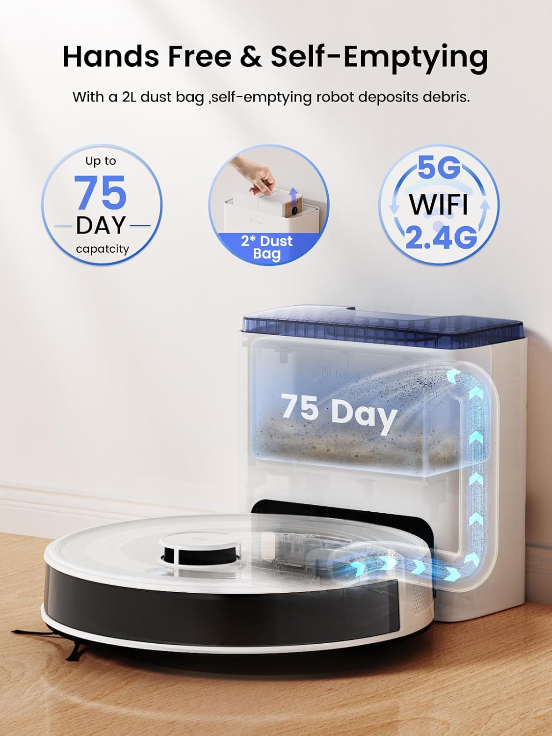Lefant LiDAR Robot Vacuum and Mop, 75-Day Self-Emptying, 6000Pa Strong Suction, Customized Cleaning, Multi-Floor Mapping, 130 Min Runtime, 2.4G/5G WiFi/Alexa/APP/iWatch, M2L Plus