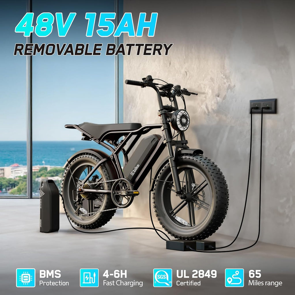 TST Electric Bike for Adults, 1500W Peak Motor 60 Miles Fat Tire Ebike with 48V 15Ah Removable Battery 20' Fat Tire Electric Bike, Full Suspension and 7-Speed
