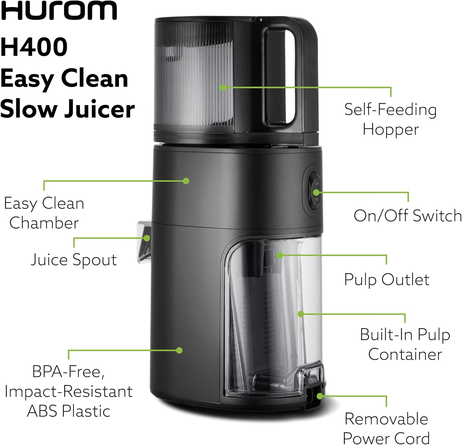 Hurom Two-Tone Blue H400 Award Winning Cold Press Juicer Machine with German Steel Knife Set, Strainer & Hands Free with Self-Feeding Hopper, Corrosion-Resistant Blades, Easy Assembly (550ml/ 18.6oz)