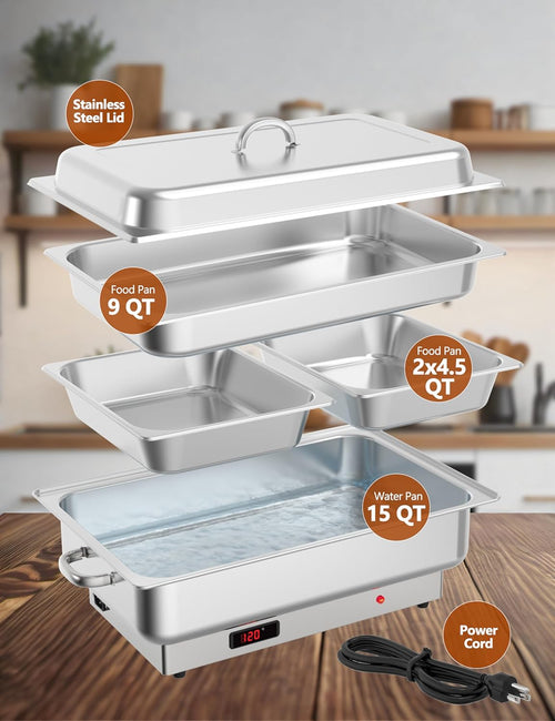 2 Pack Electric Chafing Dish Buffet Set 9 QT Buffet Food Servers and Warmers Digital Display Temperature with 1 Full-Size Pan & 2 Half-Size Pan Stainless Steel for Parties Weddings Caterings