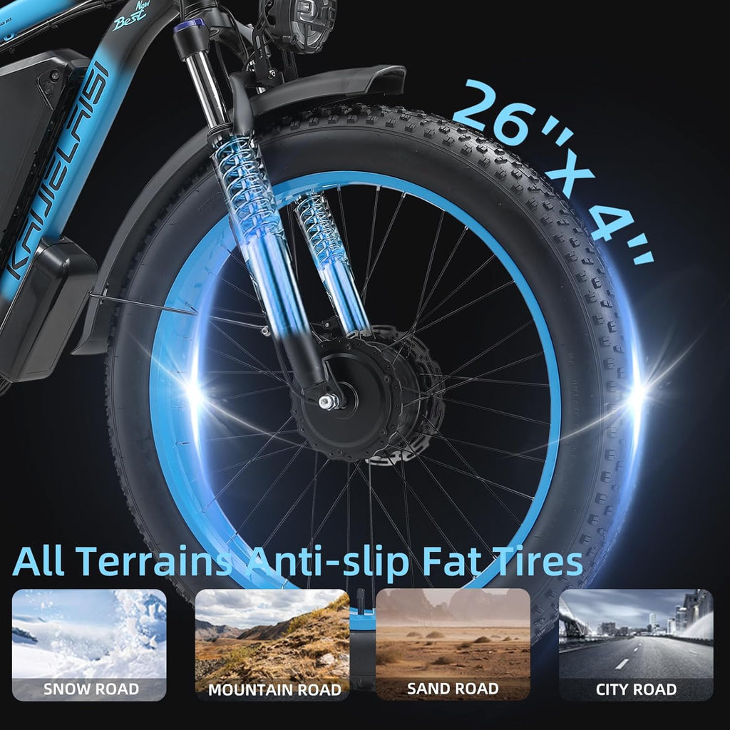 AWD Electric Bike for Adults, Peak 4000W Power 26' Fat Tire Ebike, Dual Motor Electric Bicycles, 48V 22.4AH Removable Battery Fast Dual Hydraulic Brakes 21-Speed Electric Mountain Bike