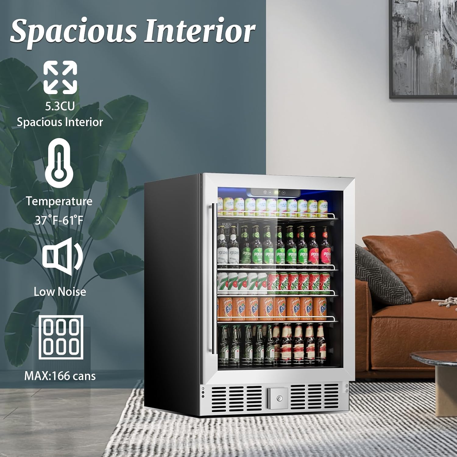 Stopasd Beverage Refrigerator Cooler, 5.3 Cu.Ft/166 Can Drink Fridge with Adjustable Shelves & Glass Door for Soda Wine Beer, Quiet Undercounter Small Fridge for Home/Office/Bar/Garage(37-61 ℉),Sliver