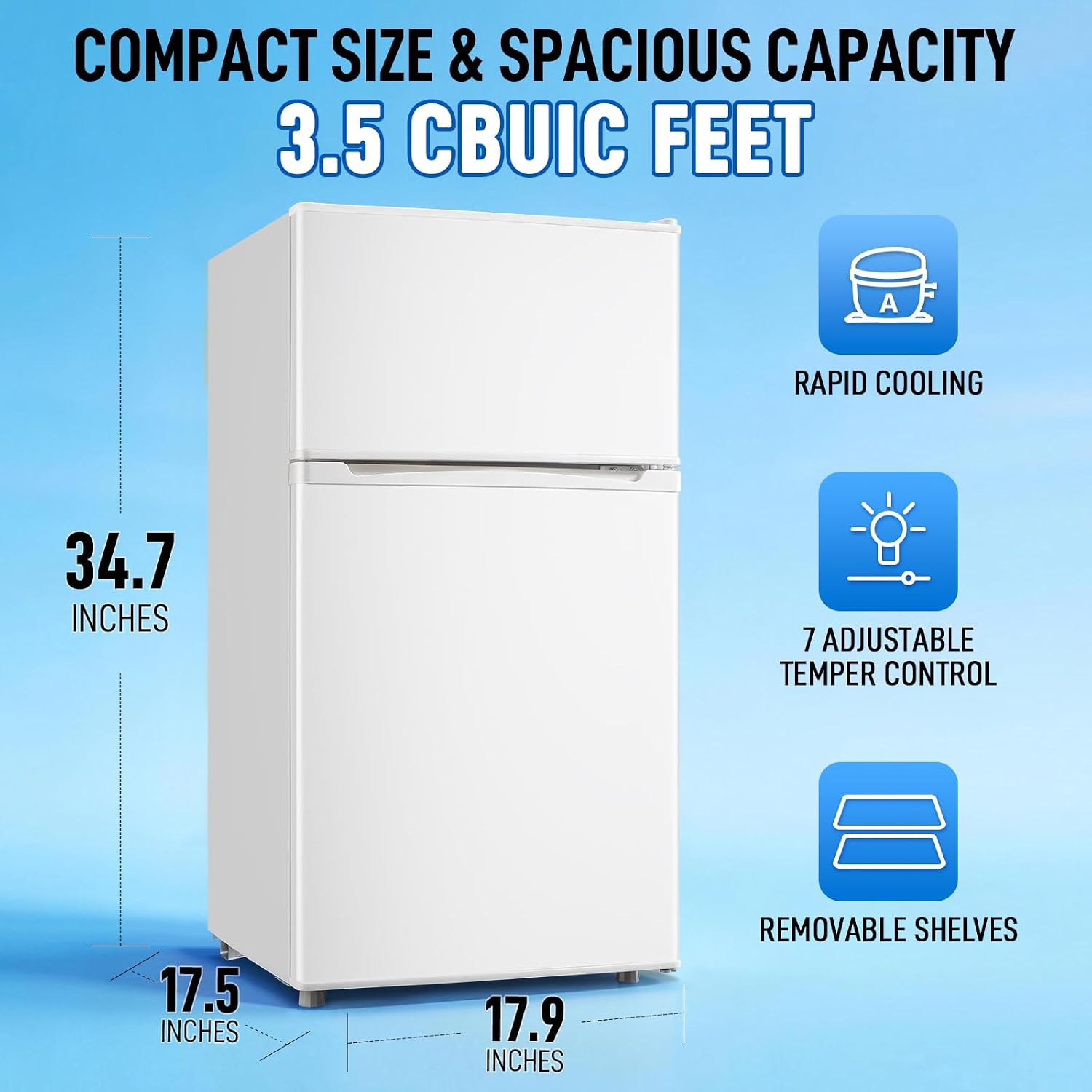 WANAI Mini Fridge with Freezer, 3.5 CU.FT Small Refrigerator with 2 Door & 7 Gear Mechanical Control & Side Bottle Rack, LED Light, Ideal for Dorm, Kitchen, Apartment, Office, White