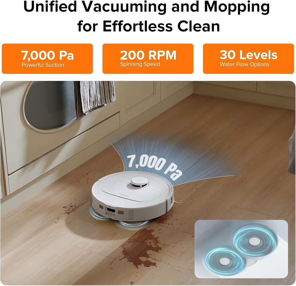 roborock Qrevo Plus Robot Vacuum and Mop with FlexiArm Design Edge Mopping, Self-Emptying, Auto Mop Washing & Drying, 7,000 Pa Suction, White (Renewed)