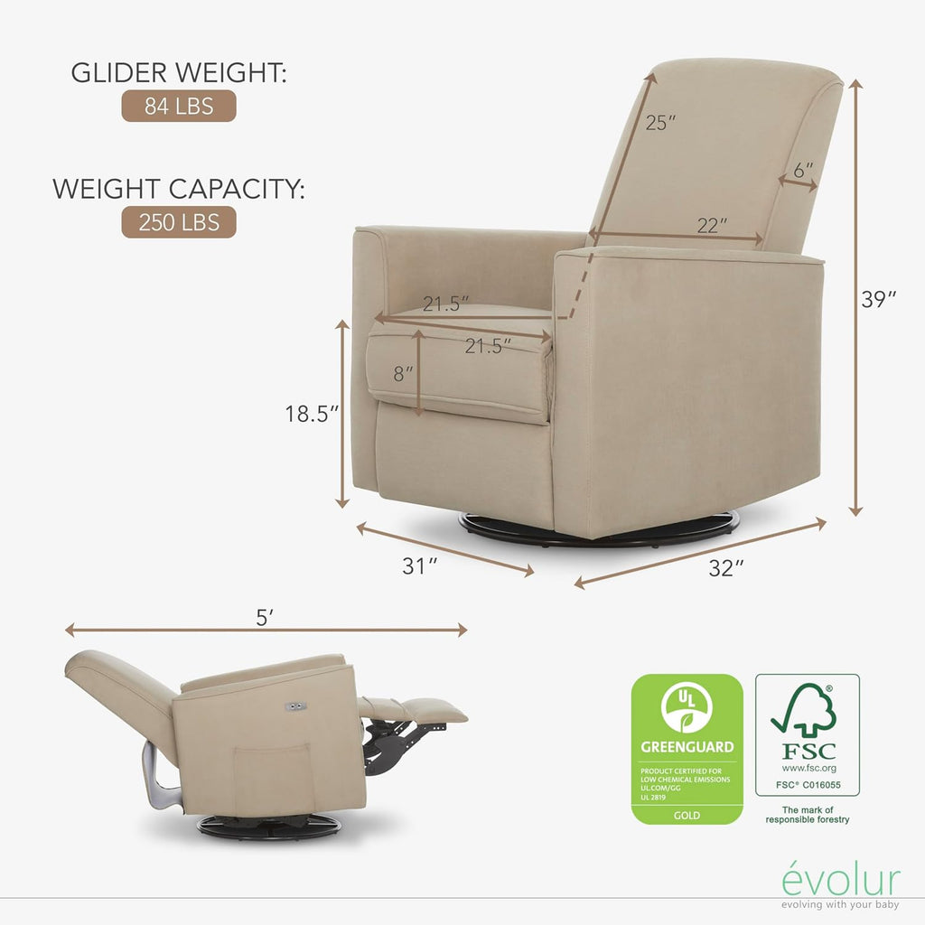 Evolur Harlow Upholstered Power Glider Recliner with USB Charging – Rocking & 275° Swivel with Smooth Glide – Greenguard Gold & FSC Certified – Modern Nursery and Living Room Chair in Light Sand