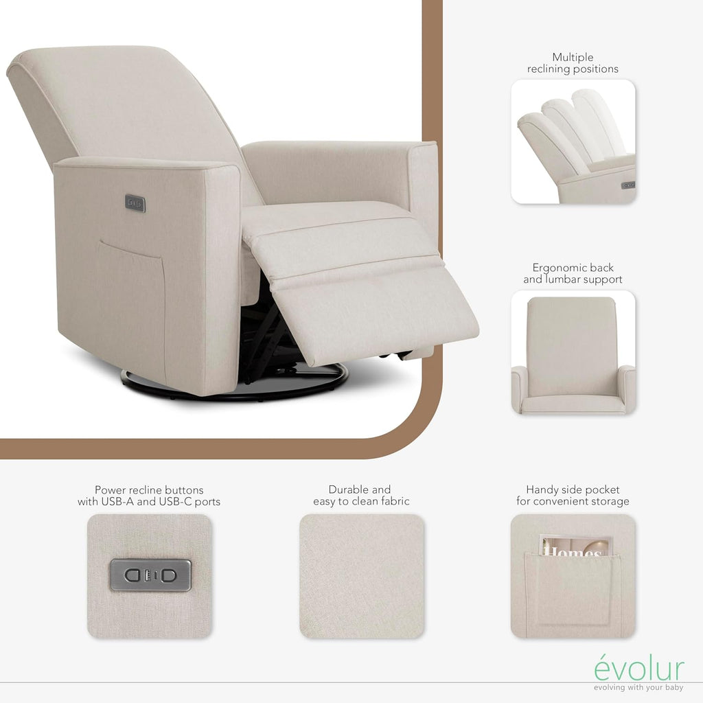 Evolur Harlow Upholstered Power Glider Recliner with USB Charging – Rocking & 275° Swivel with Smooth Glide – Greenguard Gold & FSC Certified – Modern Nursery and Living Room Chair in Light Sand