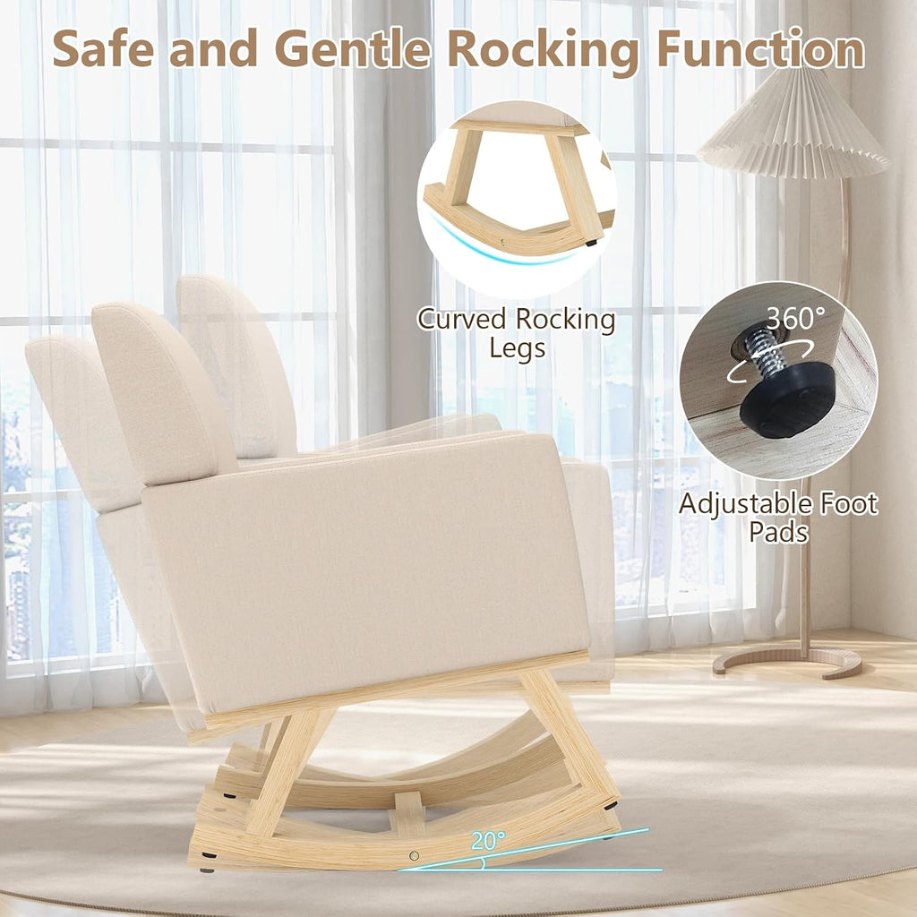 Giantex Upholstered Rocking Chair, Nursery Rocking Chair w/Widened Back, Machine-Washable Seat Cushion Cover, Solid Rubber Wood Frame, Glider Rocker Accent Chair for Living Room, Bedroom, Beige