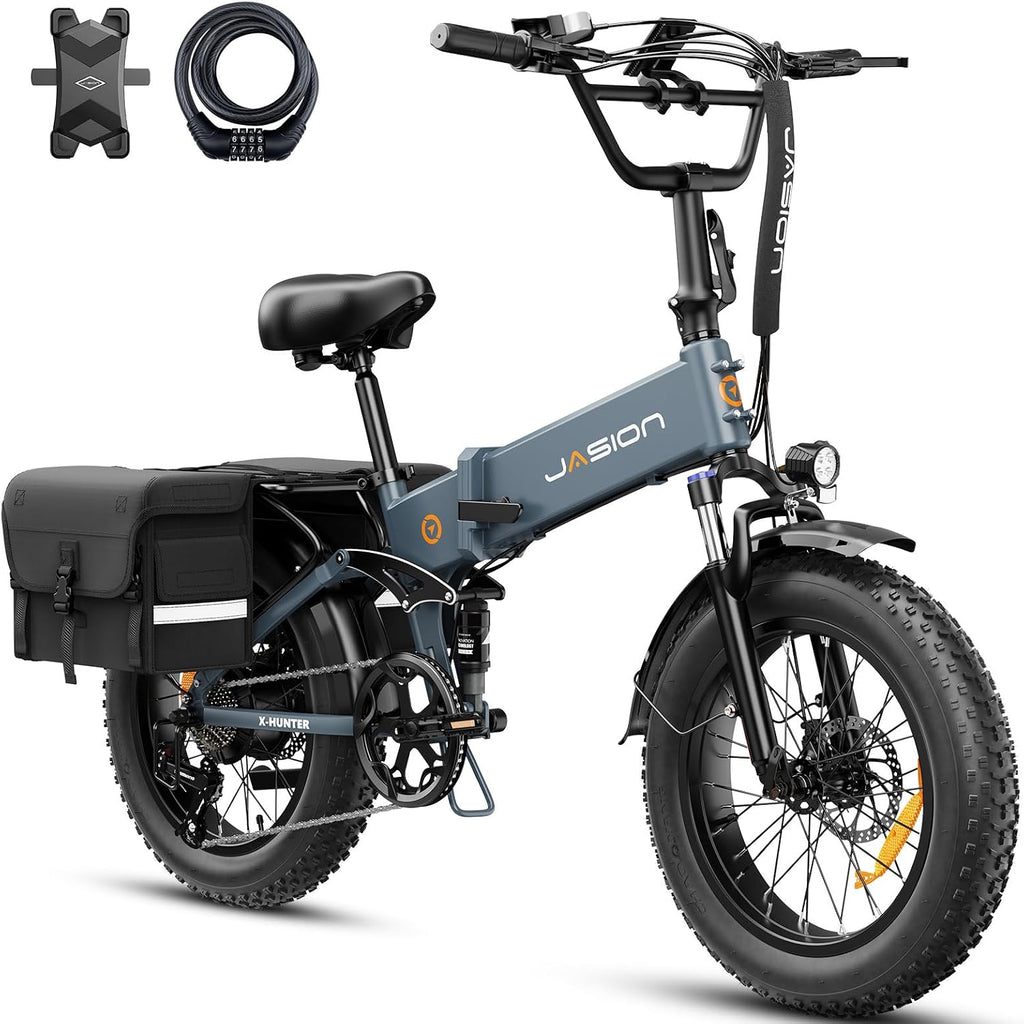 Jasion X-Hunter Electric Bike for Adults,1400W Peak Motor 30MPH Max Speed,48V 13AH Removable Battery Full Suspension 20 * 4.0 Fat Tire Foldable Ebike, 7-Speed Bicycles,with Saddle Bag and Lock