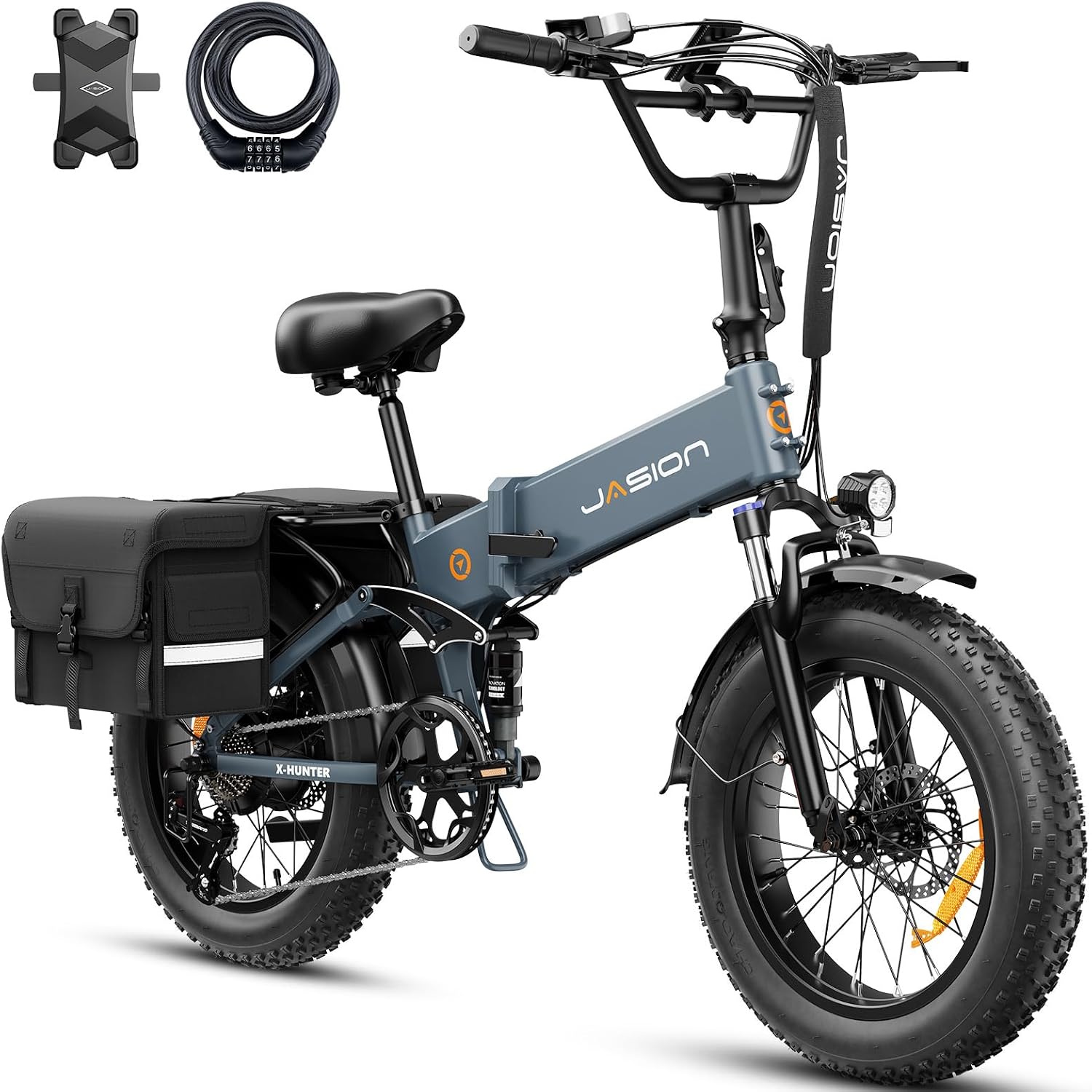 Jasion X-Hunter Electric Bike for Adults,1400W Peak Motor 30MPH Max Speed,48V 13AH Removable Battery Full Suspension 20 * 4.0 Fat Tire Foldable Ebike, 7-Speed Bicycles,with Saddle Bag and Lock