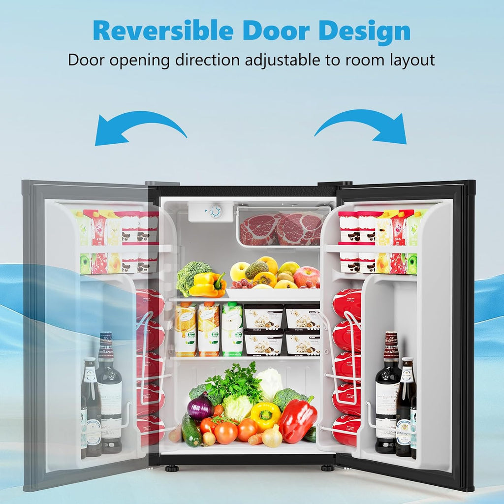 COWSAR 2.6 Cu.Ft Dorm Fridge with Freezer, Single Reversible Door Compact Refrigerator, Adjustable Thermostat, 2 Removable Shelves, Commercial Drink Fridge for Bedroom, Office, Kitchen, Dorm, Black