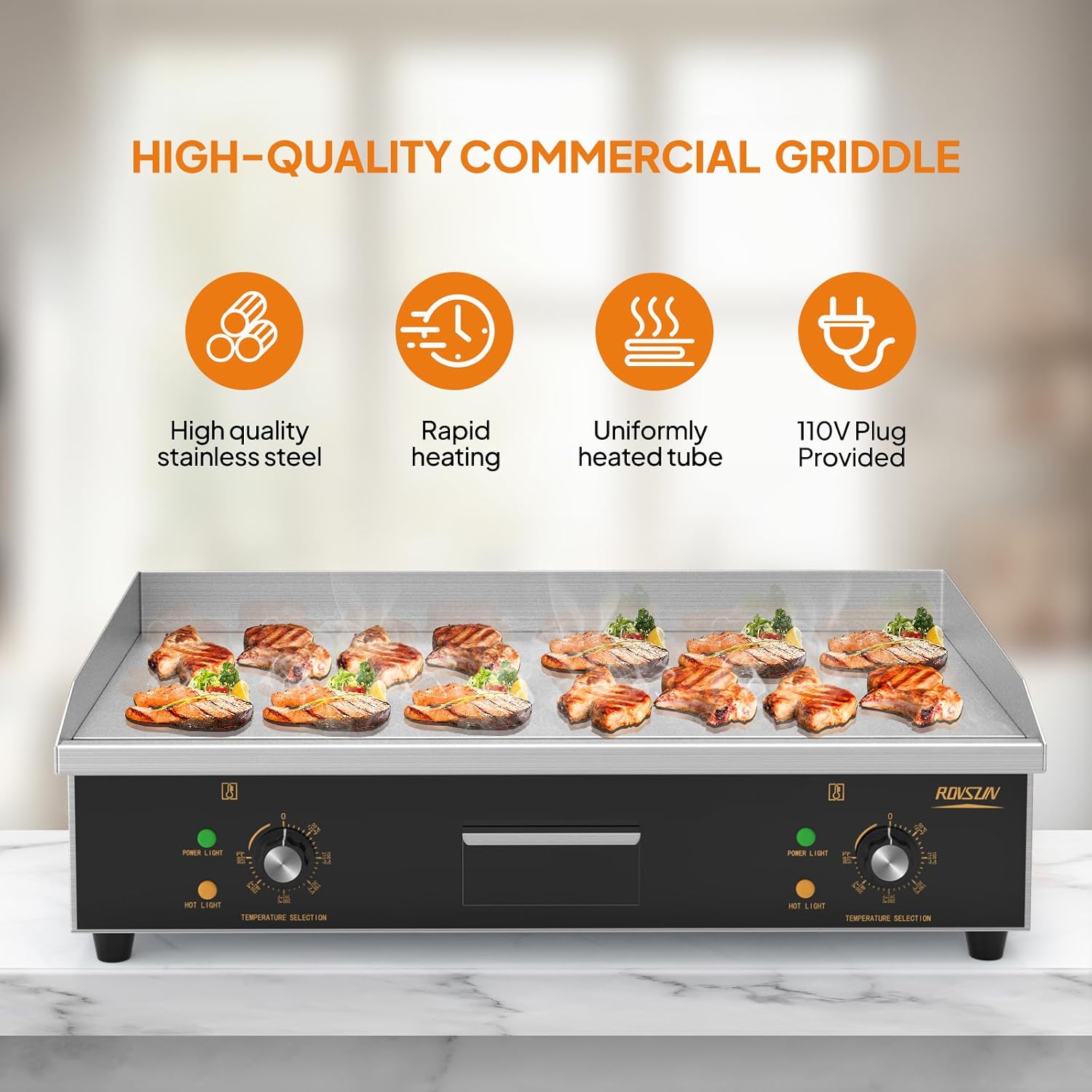 ROVSUN 30' Electric Countertop Flat Top Griddle, 3000W Electric Griddle, Teppanyaki Grill Stainless Steel with Adjustable Temperature Control 122°F-572°F for Commercial Home Restaurant, Plug
