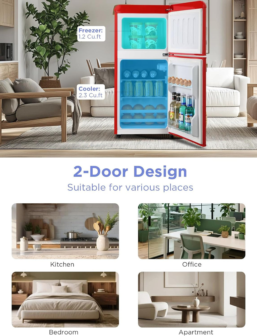F.W.WOOLWORTHS 3.5 Cu.Ft Fridge with Freezer, Refrigerator with 2 Doors for Office, Kitchen, Dorm and Bedroom, Fridge with 7 Level Temp Adjustable Thermostat, Red