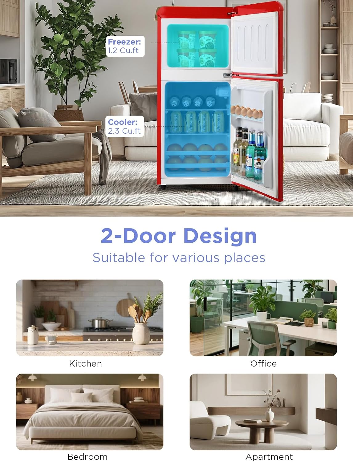 F.W.WOOLWORTHS 3.5 Cu.Ft Fridge with Freezer, Refrigerator with 2 Doors for Office, Kitchen, Dorm and Bedroom, Fridge with 7 Level Temp Adjustable Thermostat, Red