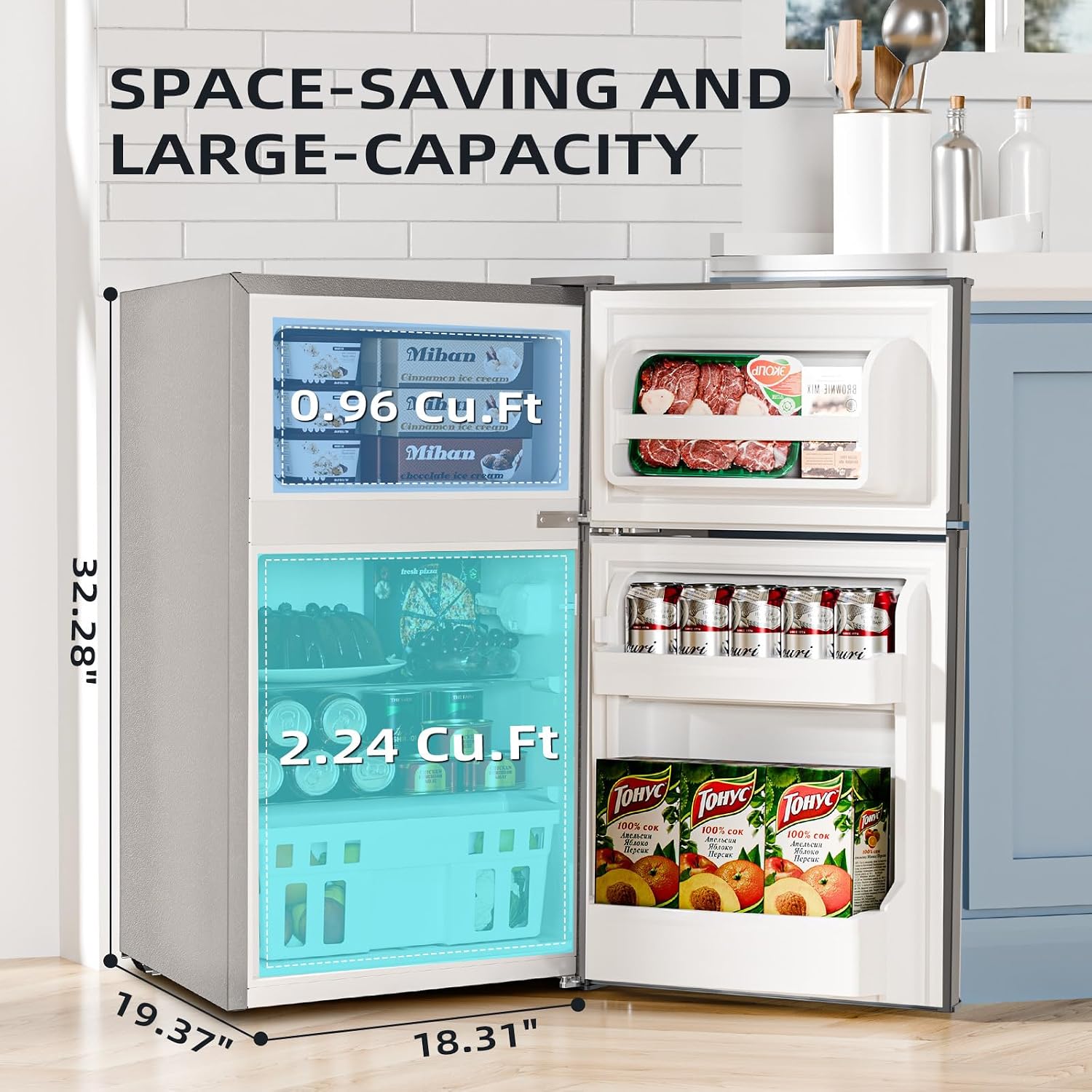 Antarctic Star 3.2 Cu.Ft,Mini Refrigerator with Freezer,Double Door Mini Fridge,Compact Refrigerator,Adjustable Thermostat,Mini Refrigerator for Bedroo/Office/Dorm/Kitchen(GRAY)