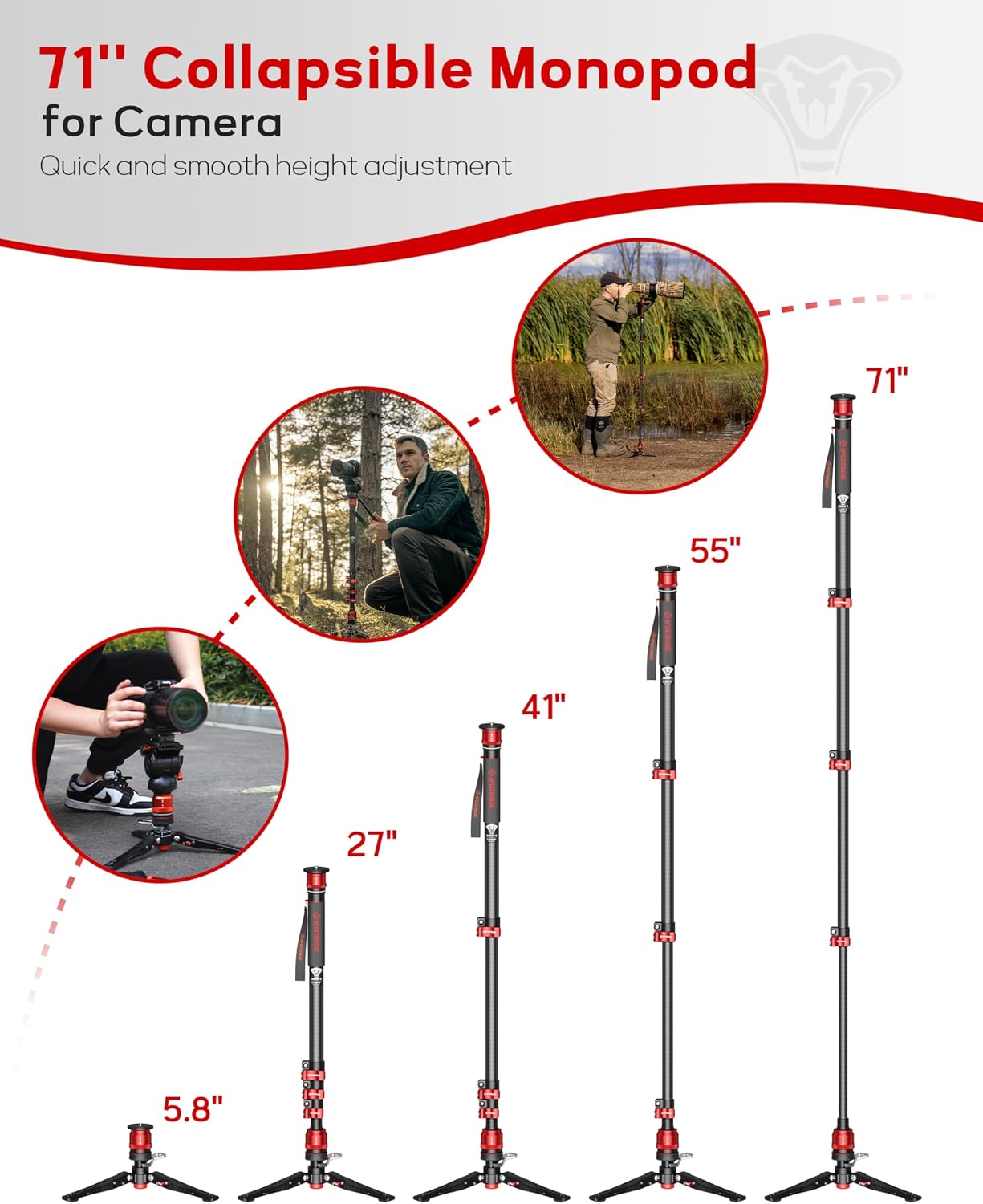 IFOOTAGE Monopod Cobra 3 C180F-P, 71' Monopod for Camera Carbon Fiber Travel Monopod with Feet, 1/4'' & 3/8'' Quick Release Compatible with Sony Canon Nikon DSLR Camera, Payload 17.6Lb