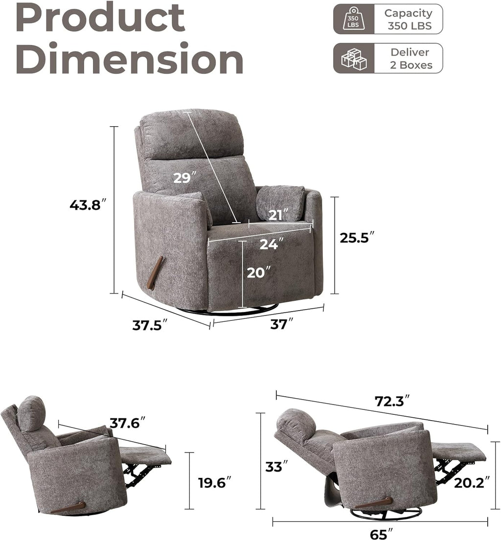 Oversized Swivel Rocker Recliner with Massage and Heat, Swivel Nursery Recliner With Adjustable Headrest, Manual Rocker Recliner Chair with Two Removable Pillows, Rocking Nursery Chair, Dark Grey