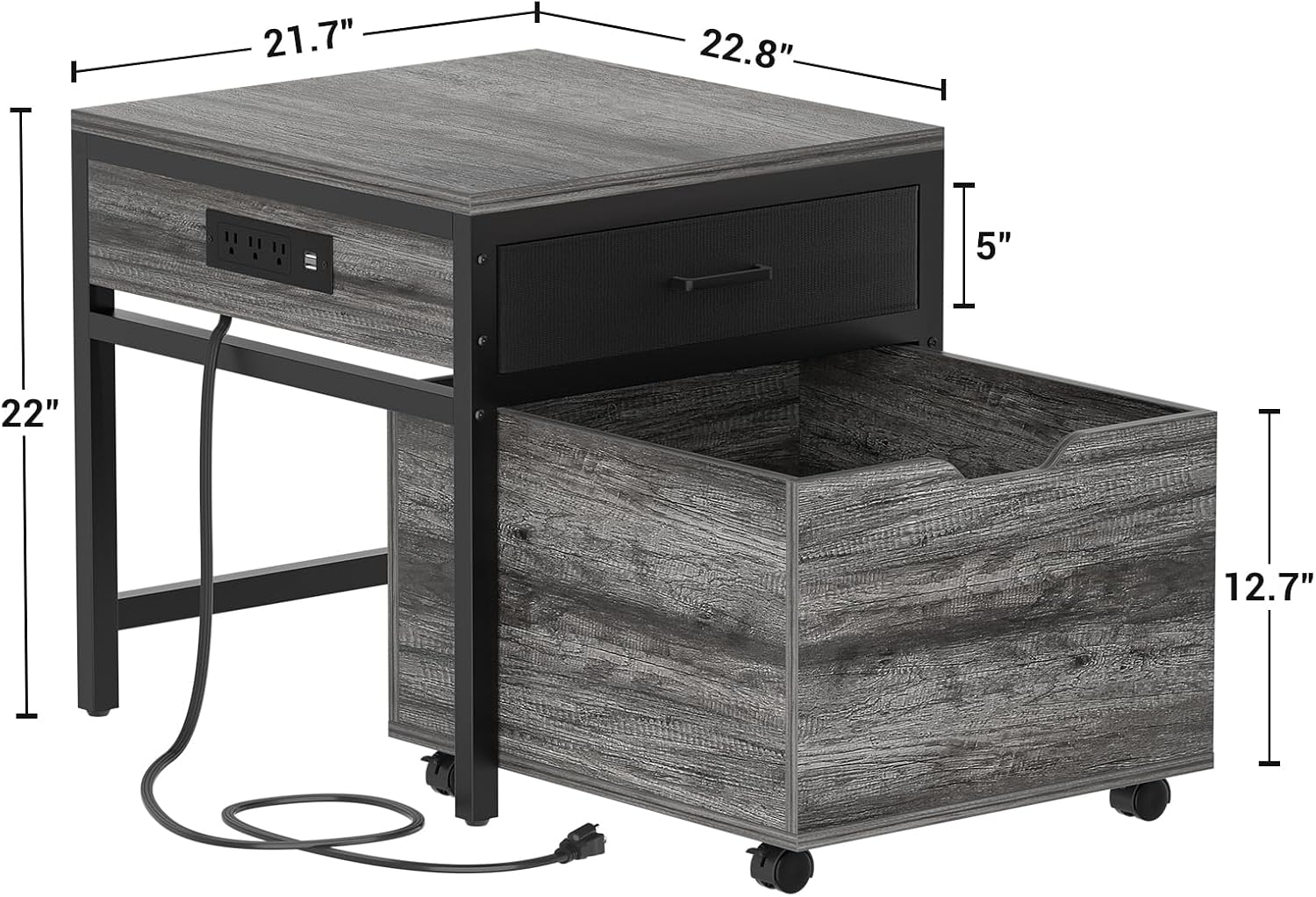 Unikito Mini Fridge Stand with Storage and Charging Station, Refrigerator Table with Drawer Basket for Dorm, Apartment, Office, Bedroom, Heavy Duty Small Refrigerator Stand Cart, Hold 300LBS, Gray Oak