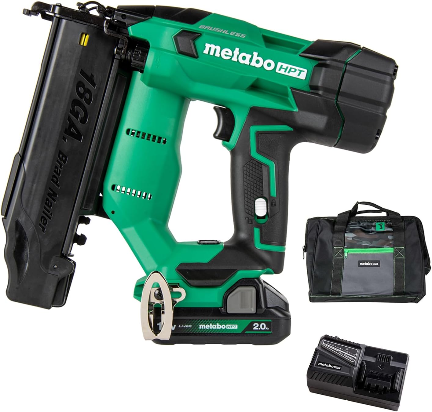 Metabo HPT 18V MultiVolt Brushless Compact Cordless Brad Nailer Kit, 18 Gauge Nailer with Power Tool 2.0Ah Lithium Ion Battery, Drives 5/8' to 2' Brad Nails, NT1850DFT