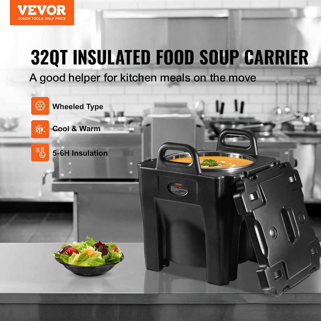 VEVOR Insulated Food Carrier, 32Qt Capacity Stackable Hot Box for Catering w/Stainless Steel Barrel, Top Load LLDPE Food Warmer w/Stationary Base, for Restaurant Canteen, Black