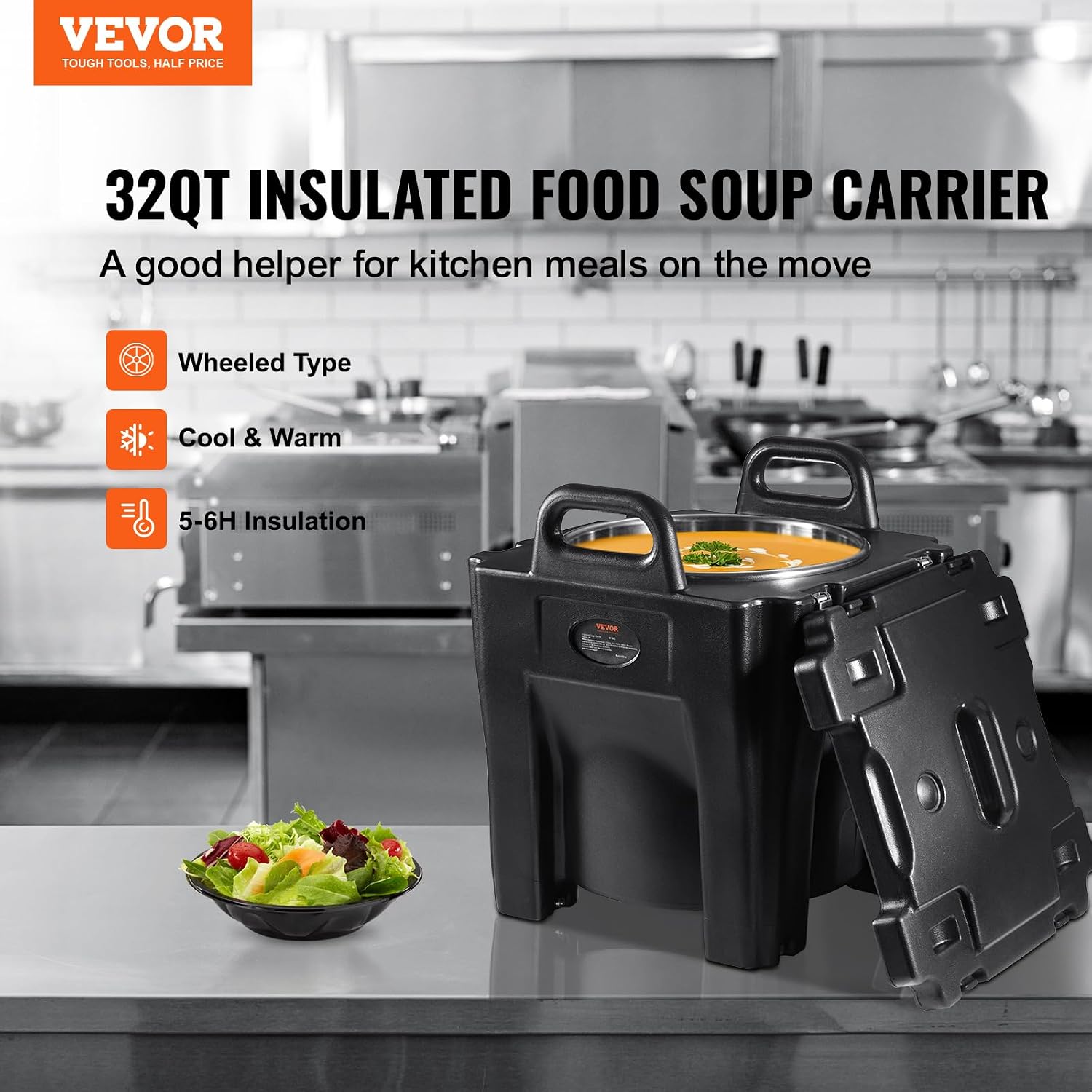 VEVOR Insulated Food Carrier, 32Qt Capacity Stackable Hot Box for Catering w/Stainless Steel Barrel, Top Load LLDPE Food Warmer w/Stationary Base, for Restaurant Canteen, Black