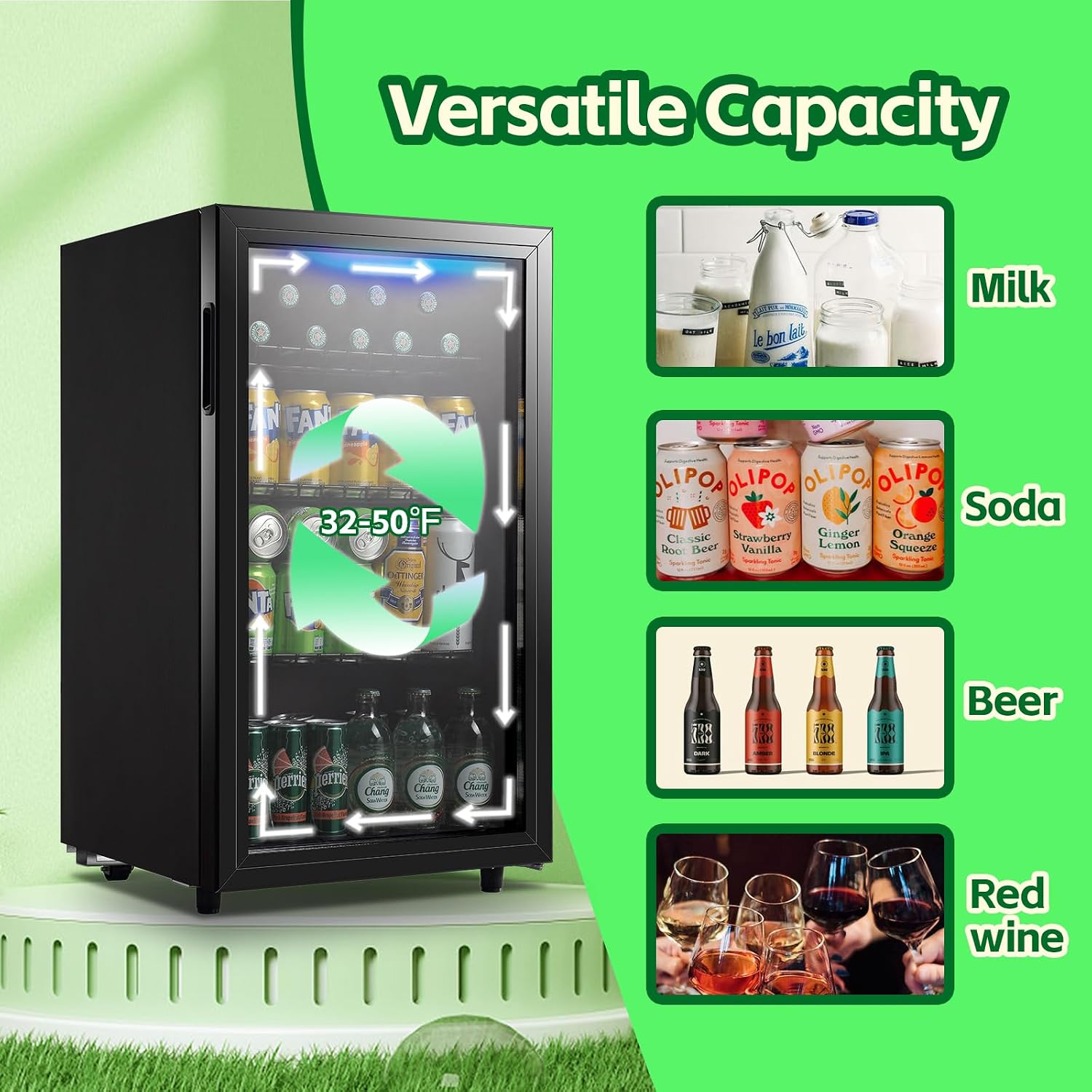 WANAI Beverage Refrigerator Cooler 3.5 Cu.Ft, 120 Can Mini Small Fridge with Glass Door LED Light and Adjustable Shelves for Soda Beer or Wine, Perfect for Home Bar Office, Black