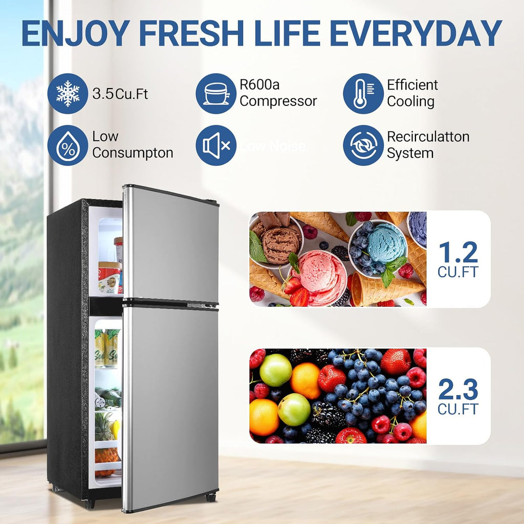 Dorm Fridge with Freezer, Small Refrigerator 3.5 Cu. Ft. with Freezer for Apartment, Temperature Adjustable Apartment Size Fridge for Kichen, College, RV, Office, Silver