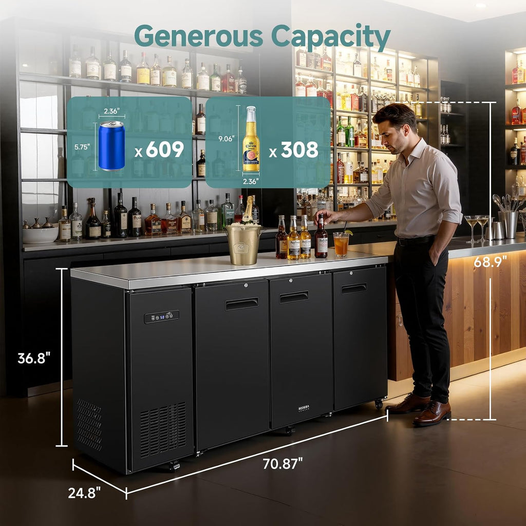 BODEGACOOLER Commercial Bar Cooler with 3 Solid Doors, 20.5 Cu.Ft Back Bar Refrigerator, Beverage Refrigerator for Beer Soda Wine,LED Light, Stainless Steel Top,6 Casters, for Kitchen Buffet Table