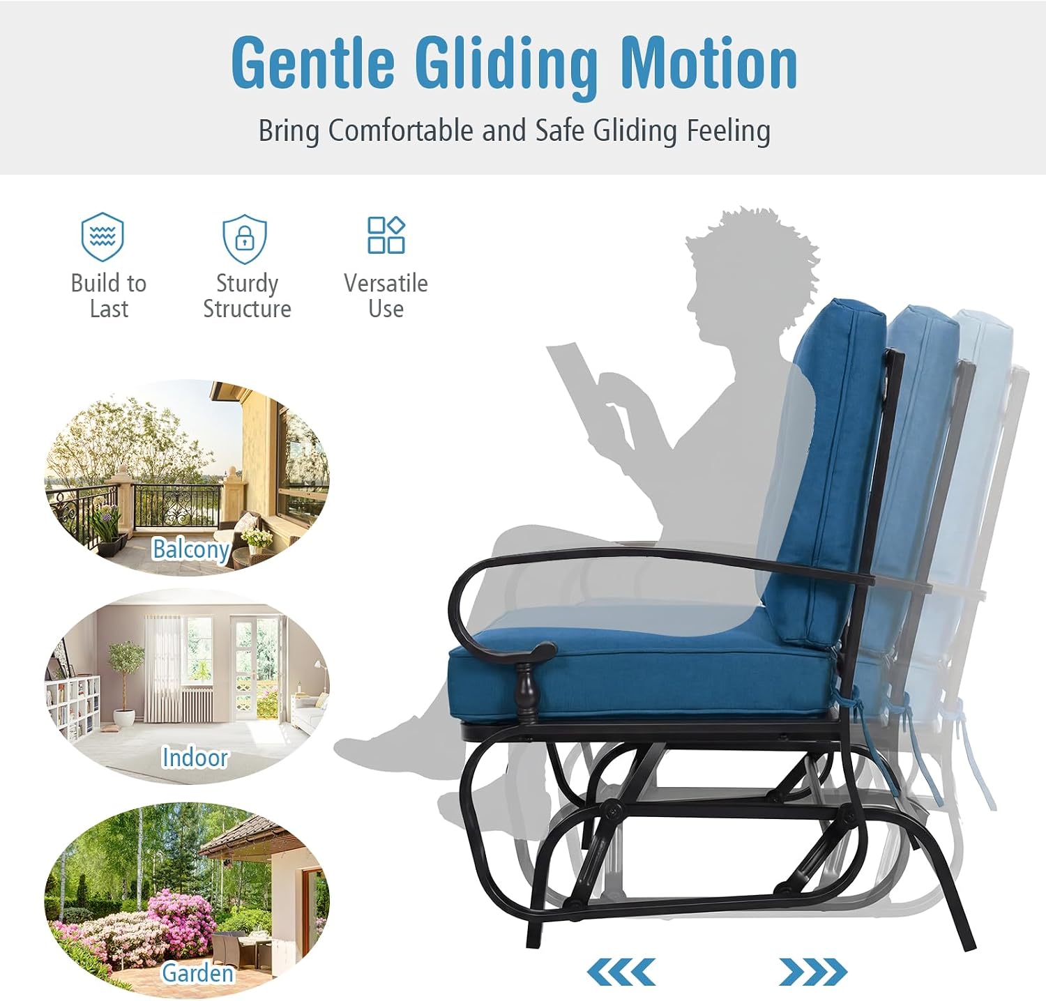 Giantex Outdoor Glider Bench, Patio 2 Person Loveseat with Removable Cushion, Thick Padded Seat, Stable Steel Frame, Outside Glider Swing Chair for Deck, Poolside, Yard, Porch Glider (Blue)