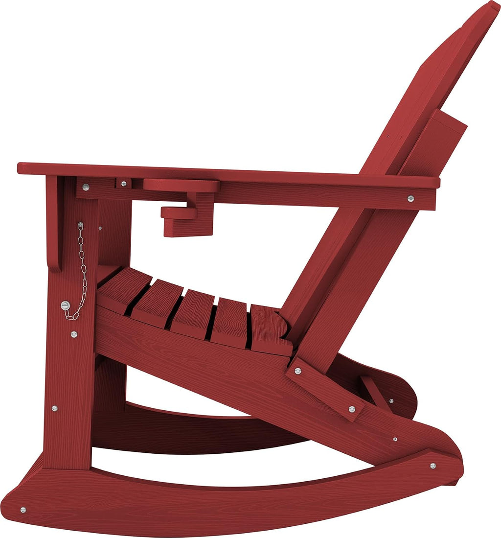 KINGYES Adirondack Rocking Chair Set of 4 with Retractable Ottoman and Cup Holders, HDPE Adirondack Rocker Patio Rocking Chair for Porch, Patio, Balcony, Burgundy Red